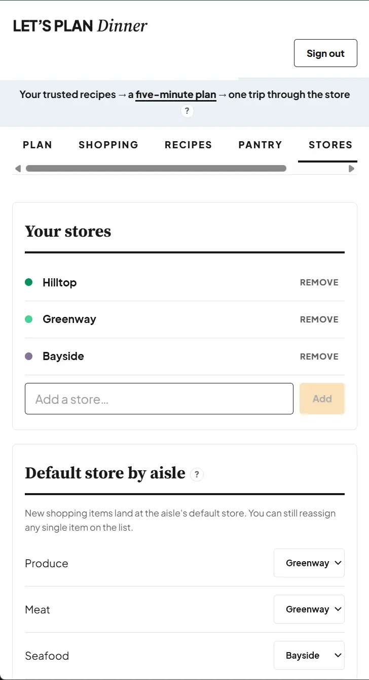 The Stores tab in Let's Plan Dinner routing each aisle to a default store