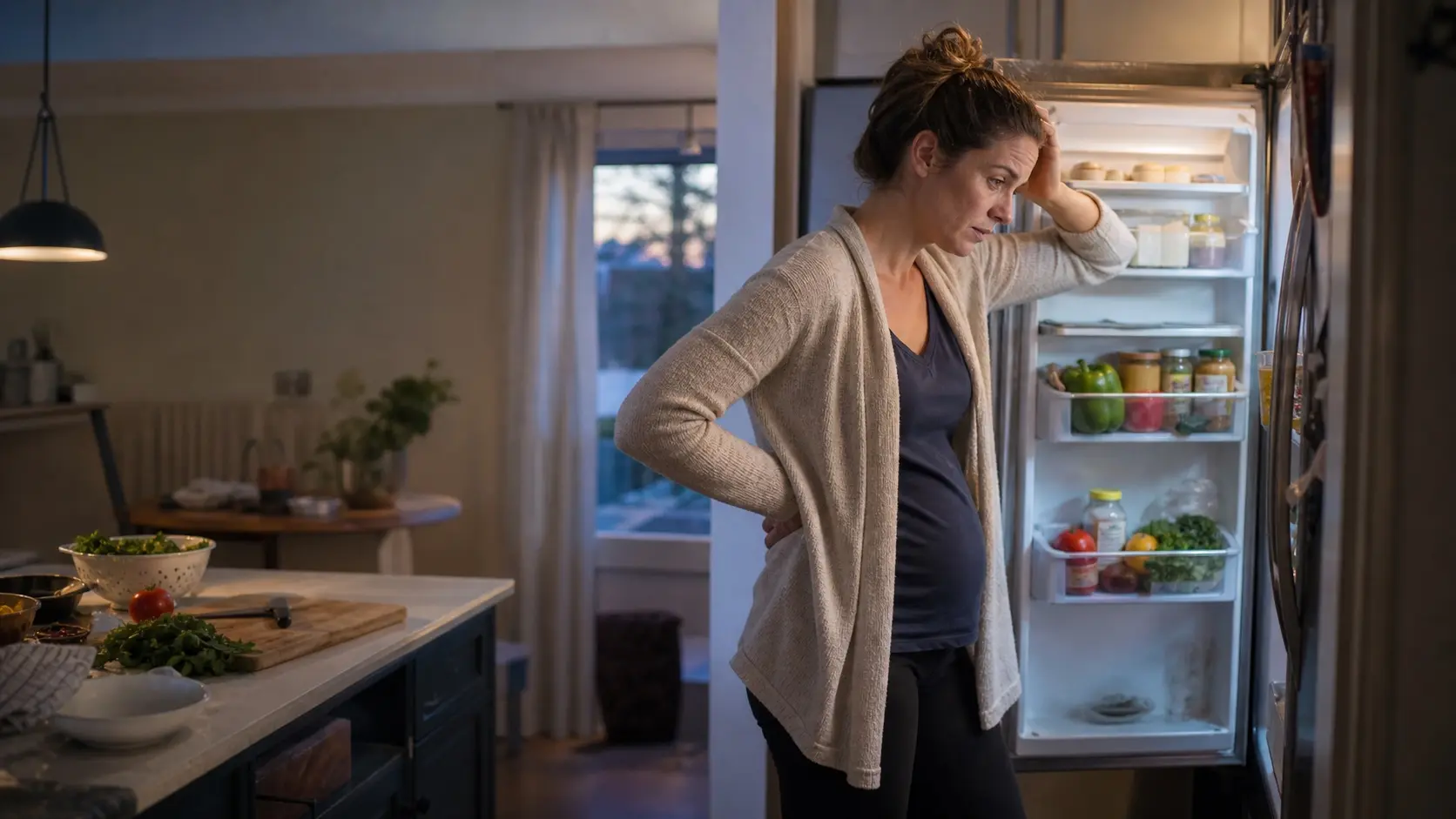 A tired adult deciding what to cook while looking into an open refrigerator at early evening