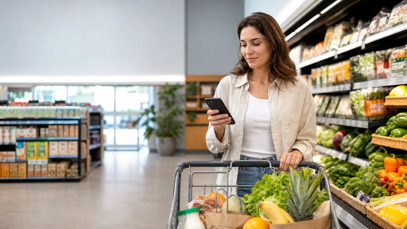 A shopper checking a phone grocery list while walking through a produce aisle with a cart
