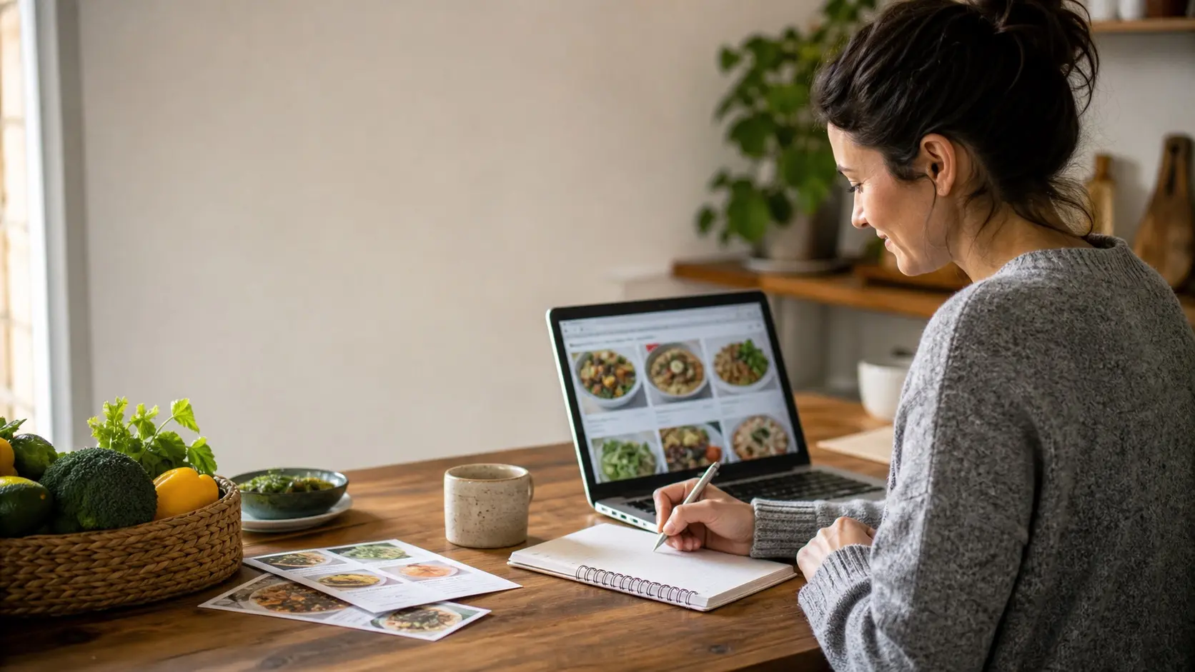 A person planning weekly dinners at a kitchen table with a laptop, notebook, coffee, and fresh ingredients