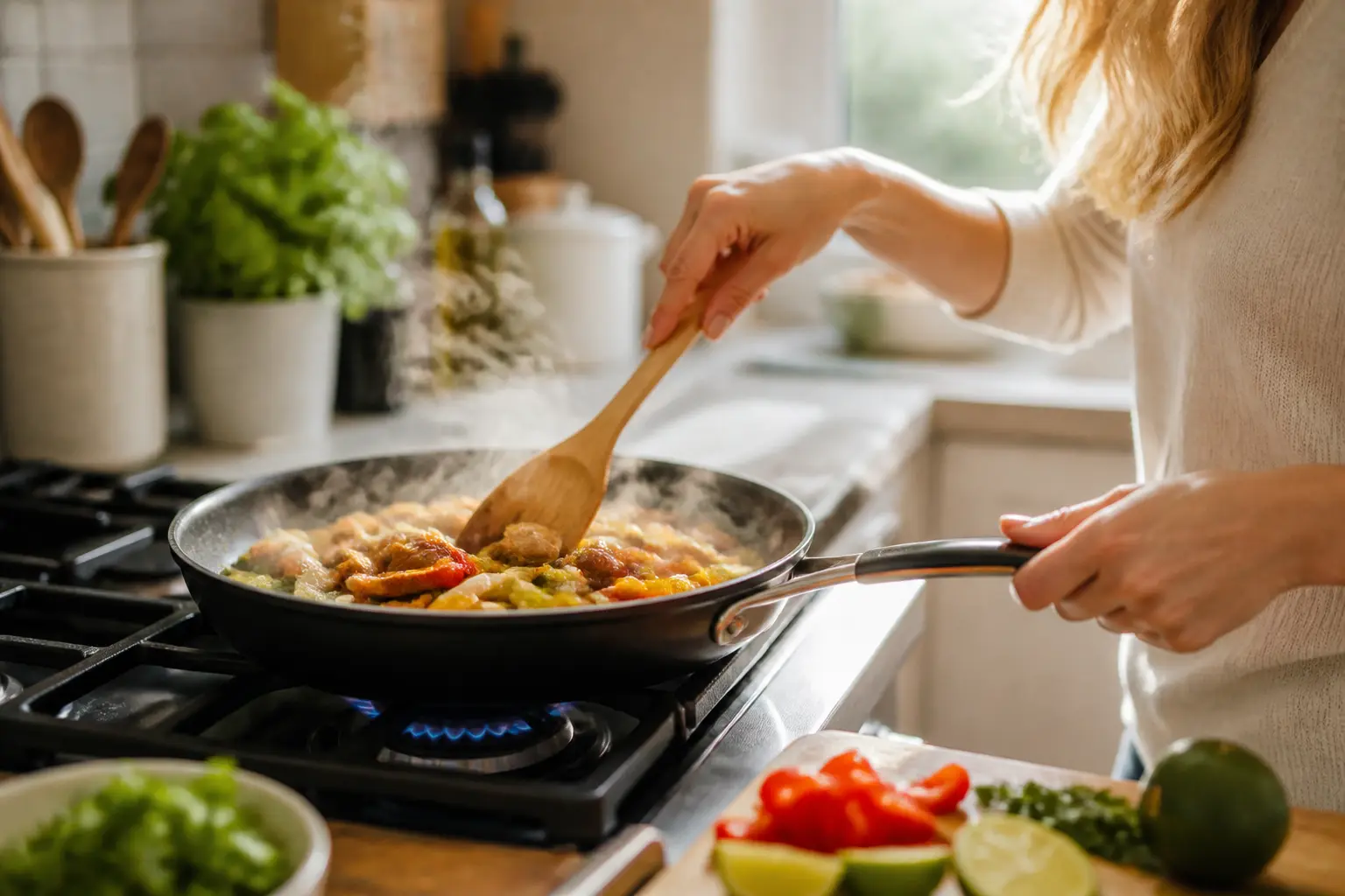 A close-up of dinner cooking in a skillet on a home stove