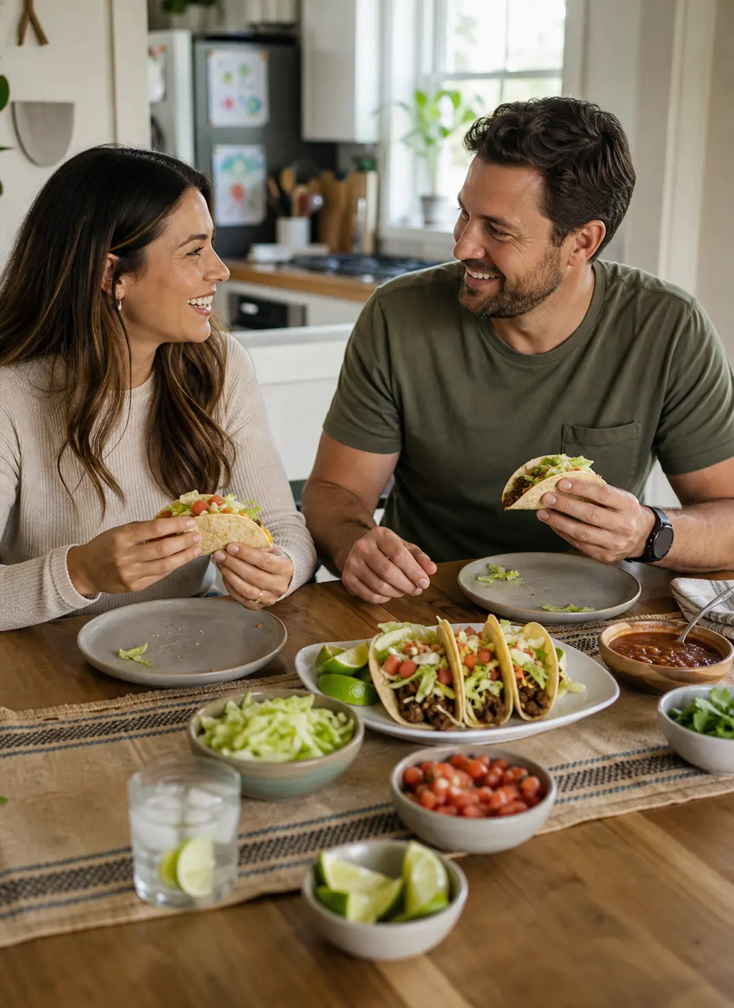 A couple enjoying beef tacos together at their home dinner table