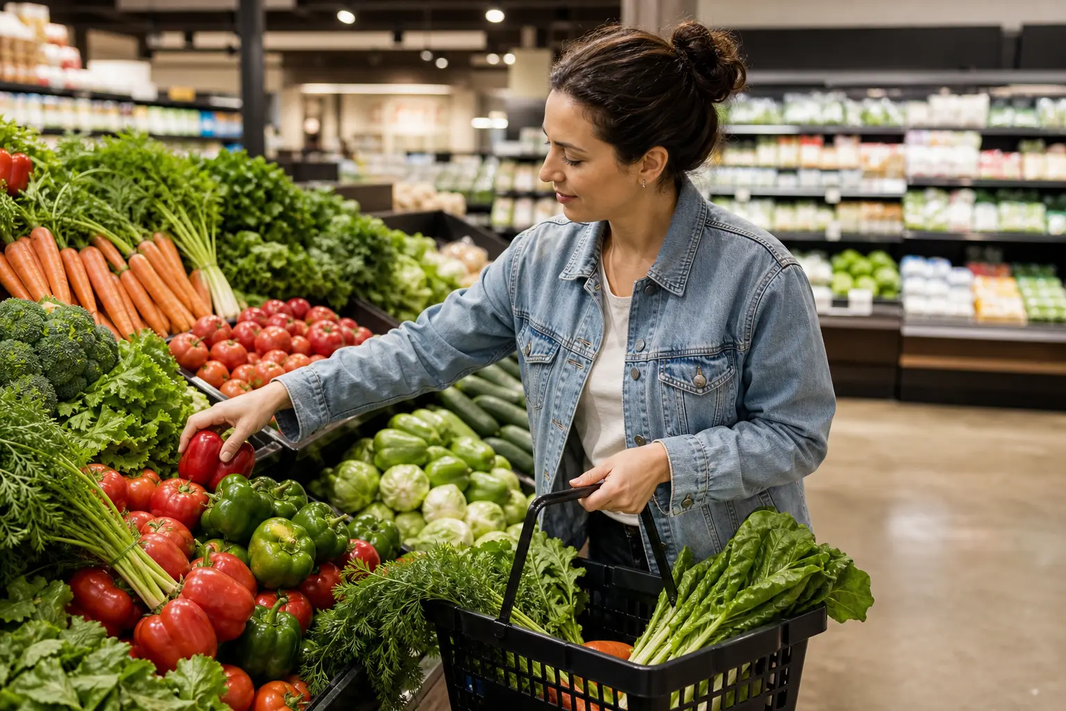 A shopper selecting fresh produce in a grocery store
