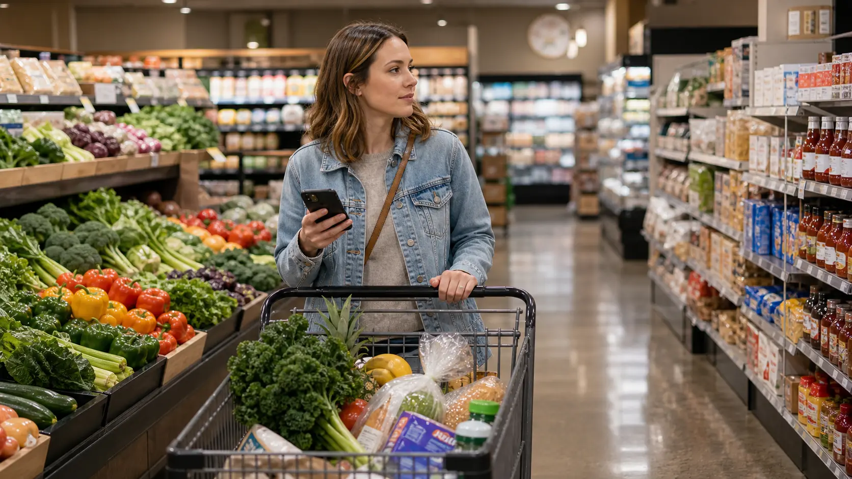 A shopper using a phone list while pushing a grocery cart through a food store