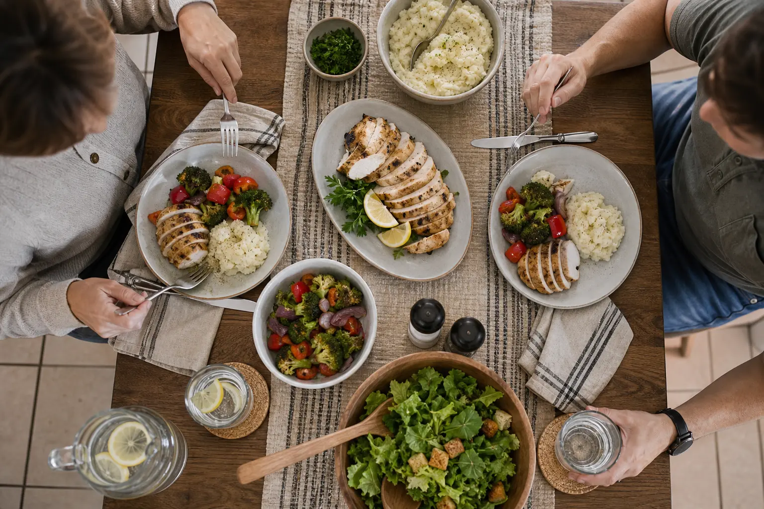 A top-down view of a couple sharing a homemade dinner at their table